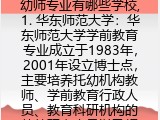 幼师专业有哪些学校,1. 华东师范大学：华东师范大学学前教育专业成立于1983年，2001年设立博士点，主要培养托幼机构教师、学前教育行政人员、教育科研机构的幼教研究人员以及相关服务机构的儿童工作者