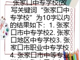 张家口中专学校(改写关键词“张家口中专学校”为10字以内的结果如下：1. 张家口市中专学校2. 张家口地区中专学校3. 张家口市职业中专学校4. 张家口市中等专业学校5. 张家口中专教育机构6. 张家
