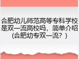 合肥幼儿师范高等专科学校是双一流高校吗，简单介绍(合肥幼专双一流？)